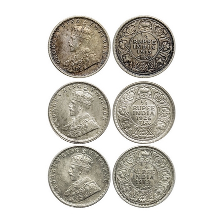 George V, Silver, 1/4 Rupee (3 coins), 1913, 1926, 1930, Calcutta Mint, No dot. GK 1083, 1