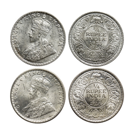 George V, Silver, 1/4 Rupee (2 coins), 1918, Calcutta Mint, No dot, 1925, Bombay Mint, Dot