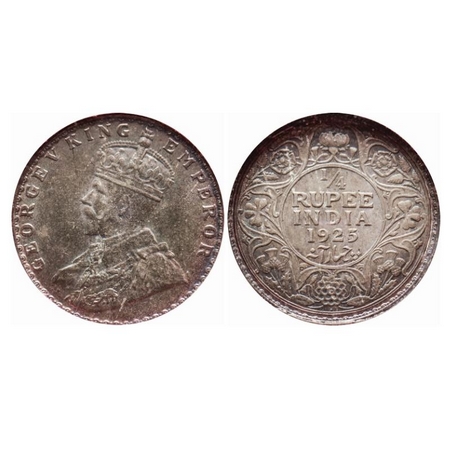 George V, Silver, 1/4 Rupee, 1925, Bombay Mint, Dot. GK 1093. NGS Slabbed MS 62, Rainbow T