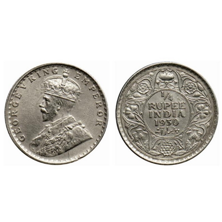 George V, Silver, 1/4 Rupee, 1930, Calcutta Mint, die crack on obverse, ghost on obverse.
