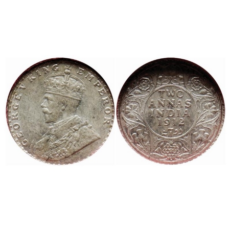George V, Silver, 2 Annas, 1912, Bombay Mint, Dot. GK 1109. NGS Slabbed. MS 63. Rare.