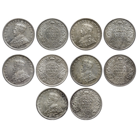 George V, Silver, 2 Annas (5 coins), 1912, 1913, 1914, Bombay Mint, Dot. 1916, 1917, Calcu
