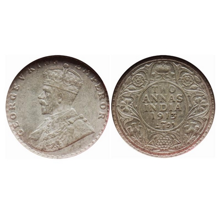 George V, Silver, 2 Annas, 1913, Bombay Mint, Dot. GK 1111. NGS Slabbed. AMS 55. Scarce.