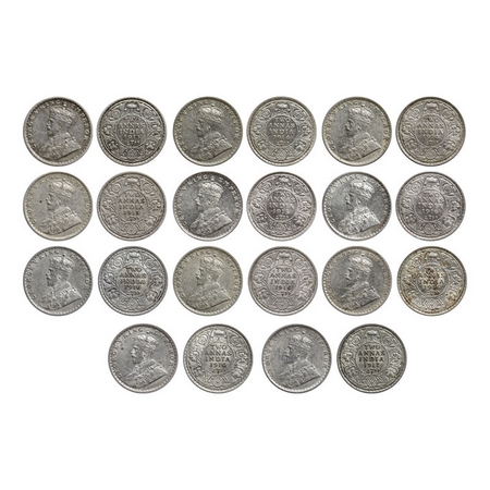 George V, Silver, 2 Annas (11 coins), 1913, Bombay Mint, Dot, 1914 (2), Bombay Mint, Dot, 