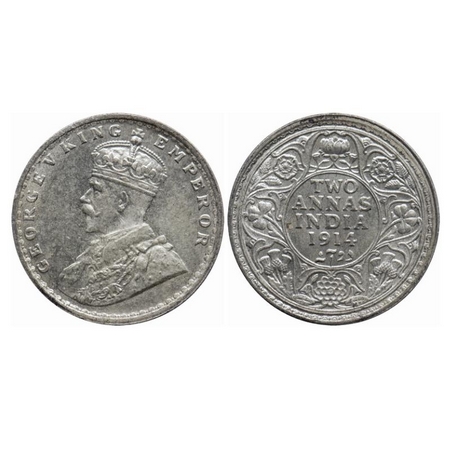 George V, Silver, 2 Anna, 1914, Calcutta Mint, No dot, Ghost on obv and rev. GK 1112. Unci