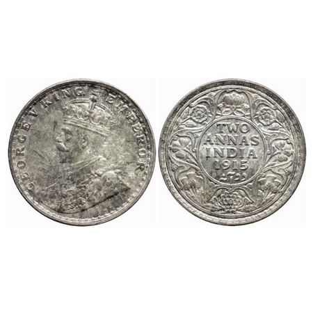 George V, Silver, 2 Anna, 1915, Bombay Mint, Dot, Ghost on obv. GK 1115. Uncirculated, Ton