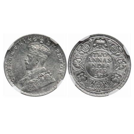 George V, Silver, 2 Annas, 1915, Bombay Mint, Dot. GK 1115. NGC Slabbed. MS 62. Rare.