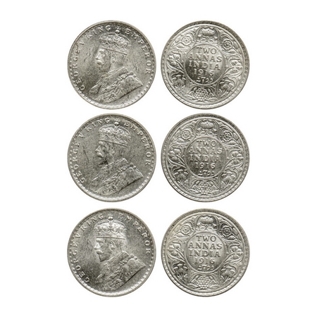George V, Silver, 2 Annas (3 coins), 1916, Calcutta Mint, No dot. GK 1116. Brilliant Uncir