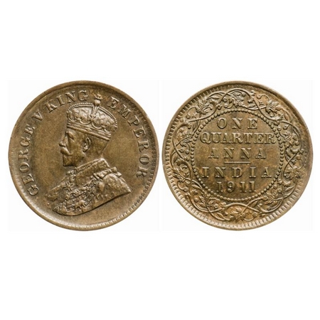 George V, Bronze, Quarter Anna, 1911, Calcutta Mint, No dot. GK 1171. Extremely Fine+. Ver