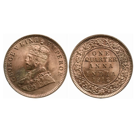 George V, Bronze, Quarter Anna, 1912, Calcutta Mint, No dot, Ghost on rev. GK 1172. Uncirc