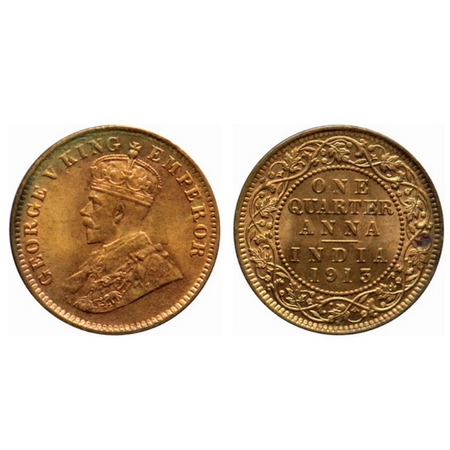 George V, Bronze, Quarter Anna, 1913, Calcutta Mint. GK 1173. Brilliant Uncirculated. Scar