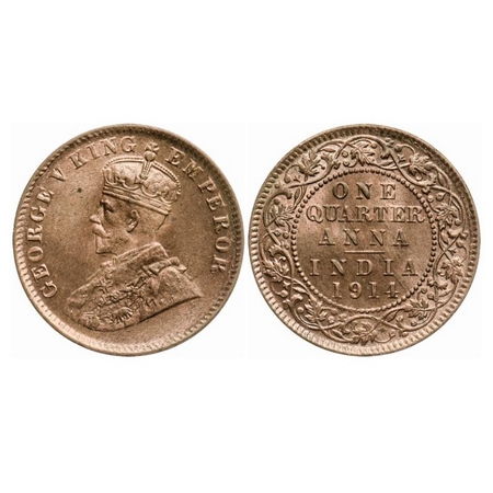 George V, Bronze, Quarter Anna, 1914, Calcutta Mint, No dot. GK 1174. Uncirculated. Scarce