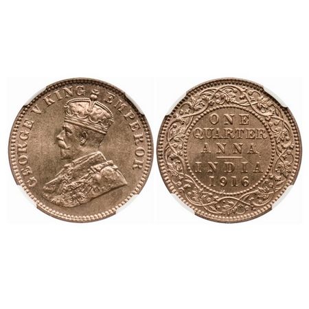 George V, Bronze, Quarter Anna, 1916, Calcutta Mint, No dot. GK 1175. NGC Slabbed. MS 66 R