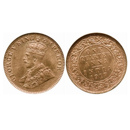 George V, Bronze, Quarter Anna, 1917, Calcutta Mint, No dot, Die rotation on rev. GK 1176.