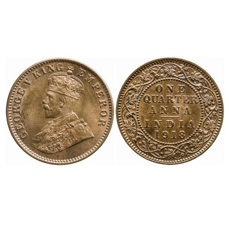 George V, Bronze, Quarter Anna, 1918, Calcutta Mint, No dot. GK 1177. Brilliant Uncirculat