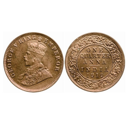 George V, Bronze, Quarter Anna, 1919, Calcutta Mint, No dot. GK 1178. Uncirculated. Scarce