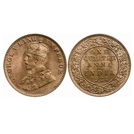 George V, Bronze, Quarter Anna, 1924, Bombay Mint, Dot. GK 1180. Uncirculated. Scarce.