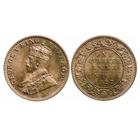 George V, Bronze, Quarter Anna, 1927, Calcutta Mint, No dot. GK 1186. Uncirculated. Scarce