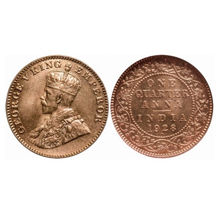 George V, Bronze, Quarter Anna, 1928, Bombay Mint, Dot, Ghost image on obv and rev. GK 118
