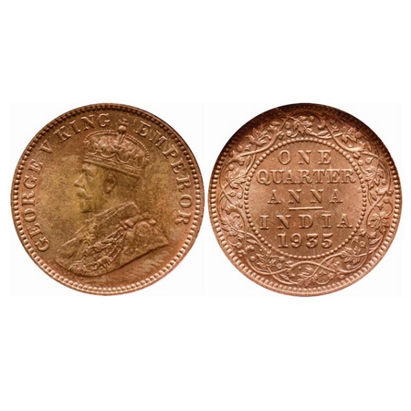 George V, Bronze, Quarter Anna, 1935, Calcutta Mint, No dot. GK 1195. NGS Slabbed. MS 63.