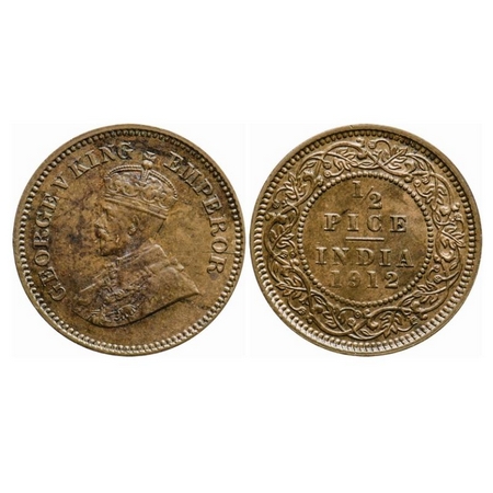 George V, Bronze, 1/2 Pice, 1912, Calcutta Mint, No mint mark. GK 1198. About Uncirculated