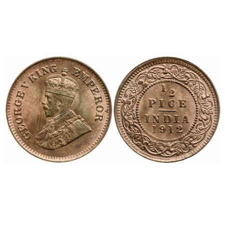 George V, Bronze, 1/2 Pice, 1912, Calcutta Mint, No mint mark. GK 1198. Uncirculated. Very