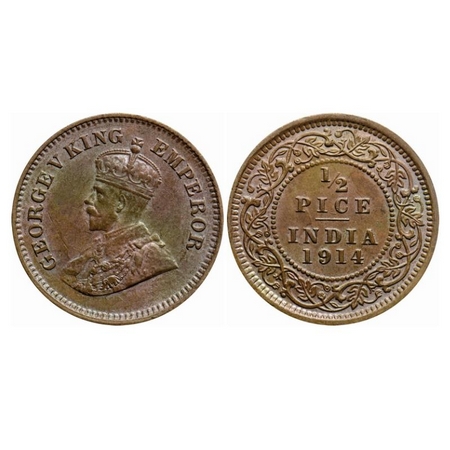 George V, Bronze, 1/2 Pice, 1914, Calcutta Mint, No mint mark, Ghost on rev. GK 1200. Unci