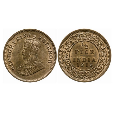 George V, Bronze, 1/2 Pice, 1915, Calcutta Mint, No mint mark. GK 1201. Uncirculated. Rare