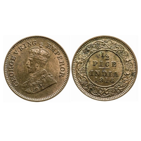 George V, Bronze, 1/2 Pice, 1916, Calcutta Mint, No mint mark. GK 1202. Uncirculated Detai