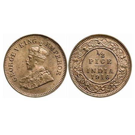 George V, Bronze, 1/2 Pice, 1916, Calcutta Mint, No mint mark. GK 1202. Uncirculated. Very