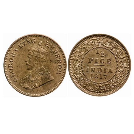 George V, Bronze, 1/2 Pice, 1917, Calcutta Mint, No mint mark. GK 1203. About Uncirculated