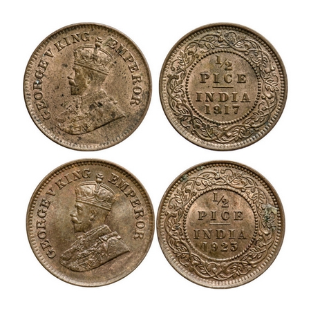 George V, Bronze, 1/2 Pice (2 coins), 1917, 1923, Calcutta Mint, No mint mark. GK 1203, 12
