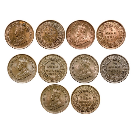 George V, Bronze, 1/2 Pice (5 coins), Calcutta Mint, No mint mark,1917, 1921 Few minor hai