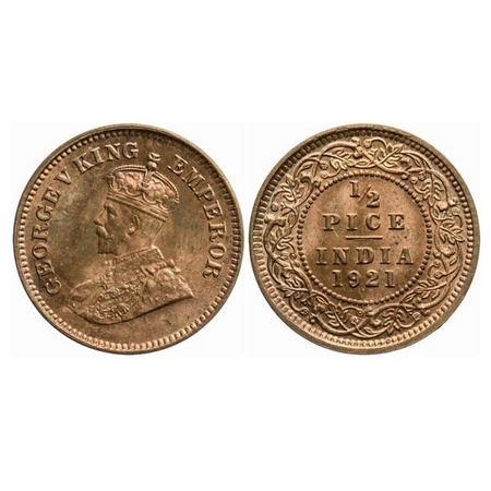 George V, Bronze, 1/2 Pice, 1921, Calcutta Mint, No mint mark, Ghost on obv and rev. GK 12