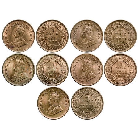 George V, Bronze, 1/2 Pice (5 coins), 1922, 1924, 1926, 1928, 1930, Calcutta Mint, No mint