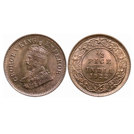 George V, Bronze, 1/2 Pice, 1922, Calcutta Mint, No mint mark. GK 1208. Brilliant Uncircul
