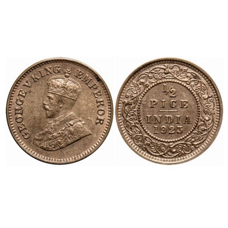 George V, Bronze, 1/2 Pice, 1923, Calcutta Mint, No mint mark. GK 1209. Uncirculated. Rare