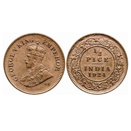 George V, Bronze, 1/2 Pice, 1924, Calcutta Mint, No mint mark. GK 1210. Almost Uncirculate