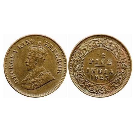 George V, Bronze, 1/2 Pice, 1925, Calcutta Mint, No mint mark, Ghost on rev. GK 1211. Extr