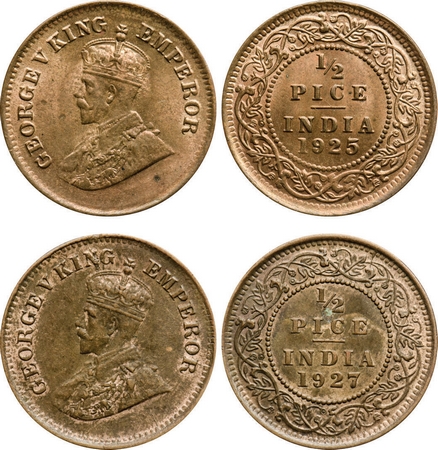 George V, Bronze, 1/2 Pice (2 coins), 1925, 1927, Calcutta Mint, No mint mark, Nick on obv