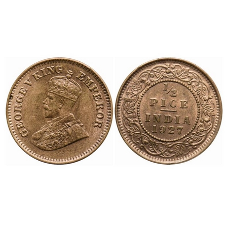 George V, Bronze, 1/2 Pice, 1927, Calcutta Mint, No mint mark, Ghost on rev. GK 1213. Unci