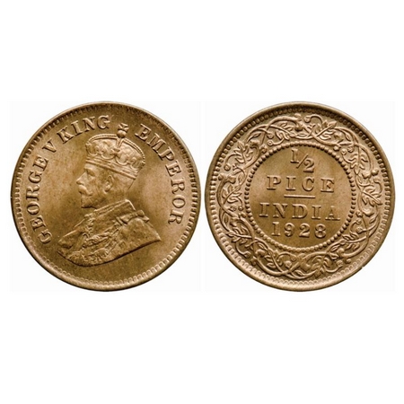 George V, Bronze, 1/2 Pice, 1928, Calcutta Mint, No mint mark. GK 1214. Brilliant Uncircul