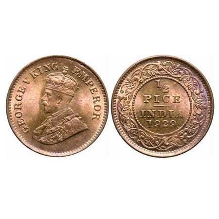George V, Bronze, 1/2 Pice, 1929, Calcutta Mint, No mint mark, Ghost on rev. GK 1215. Bril