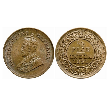 George V, Bronze, 1/2 Pice, 1931, Calcutta Mint, No mint mark. GK 1217. Uncirculated. Scar