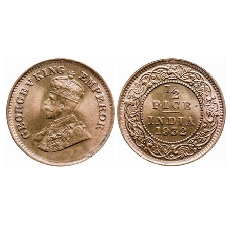 George V, Bronze, 1/2 Pice, 1932, Calcutta Mint, No mint mark, Ghost on rev, Die crack on