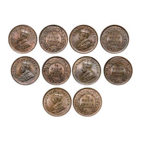George V, Bronze, 1/2 Pice (5 Coins), 1932, 1933, 1934, 1935, 1936, Calcutta Mint. GK 1218