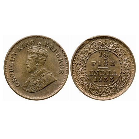 George V, Bronze, 1/2 Pice, 1933, Calcutta Mint, No mint mark. GK 1219. Uncirculated Rainb