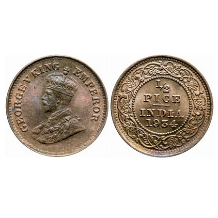 George V, Bronze, 1/2 Pice, 1934, Calcutta Mint, No mint mark, Ghost on rev. GK 1220. Bril