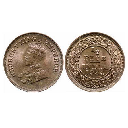 George V, Bronze, 1/2 Pice, 1934, Calcutta Mint, No mint mark. GK 1220. Brilliant Uncircul