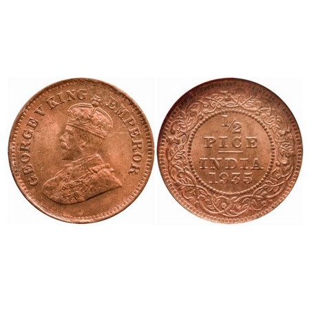 George V, Bronze, 1/2 Pice, 1935, Calcutta Mint, No mint mark, 1'o clock on rev. GK 1221.